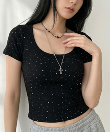 ラインストーン カップイン クロップド丈 半袖Tシャツ
