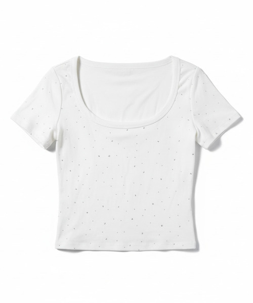 VIVID LADY（ビビッドレディー）の「ラインストーン カップイン クロップド丈 半袖Tシャツ（Tシャツ/カットソー・レディース・ホワイト/ブラック/グレー・FREE）」の18枚目の写真