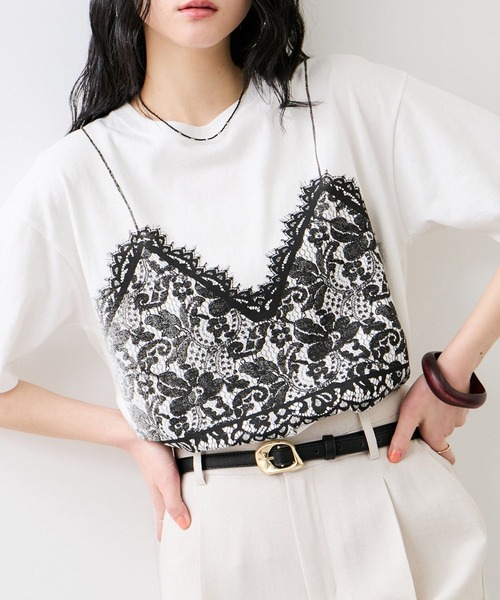 VIS(ビス)の「トロンプルイユプリントTシャツ(Tシャツ/カットソー・レディース・チャコールグレー/ホワイト・FREE)」の1枚目の写真