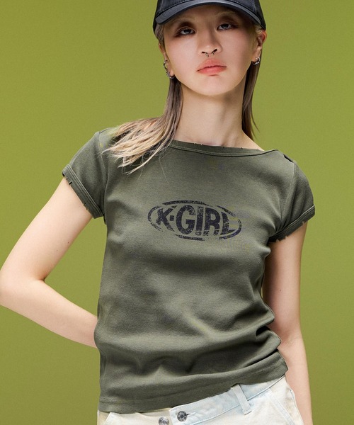 X-girl(エックスガール)の「FADED BOAT NECK S/S BABY TEE(Tシャツ/カットソー・レディース・チャコール/バーガンディー/オリーブ・ONE SIZE)」の1枚目の写真