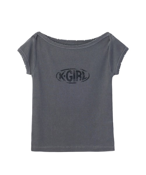 X-girl(エックスガール)の「FADED BOAT NECK S/S BABY TEE(Tシャツ/カットソー・レディース・チャコール/バーガンディー/オリーブ・ONE SIZE)」の2枚目の写真
