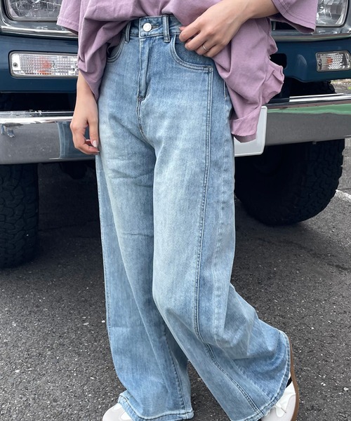 CRB(シーアールビー)の「サイドライン切替ストレートデニムパンツ(デニムパンツ・レディース・ブルー・L/M/S)」の1枚目の写真
