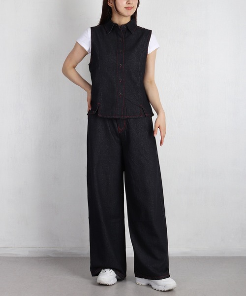 WESTSEA(ウエストシー)の「配色ステッチ デニムセットアップ ノースリーブデニムシャツ & ワイドデニムパンツ(セットアップ・レディース・ネイビー・M)」の1枚目の写真