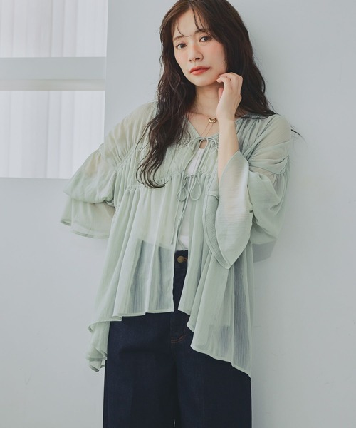 mysty woman(ミスティウーマン)の「フロントリボンシャーリングブラウス 797929(シャツ/ブラウス・レディース・ブラック/ホワイト系その他/ライトグリーン・FREE)」の21枚目の写真