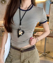 配色リンガー ボーダーコンパクトTシャツ 体型盛れ