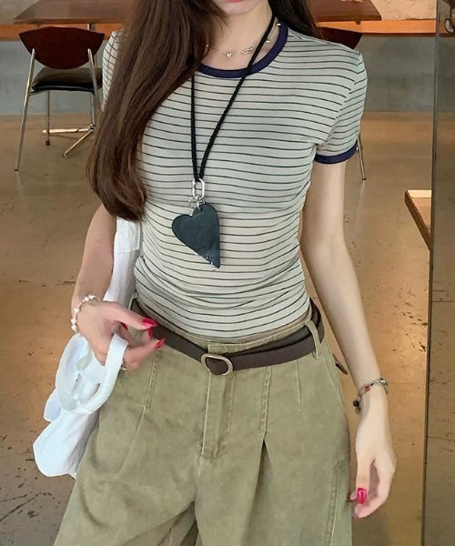 Teem Store(チームストア)の「配色リンガー ボーダーコンパクトTシャツ 体型盛れ(Tシャツ/カットソー・レディース・ホワイト・M/S)」の4枚目の写真