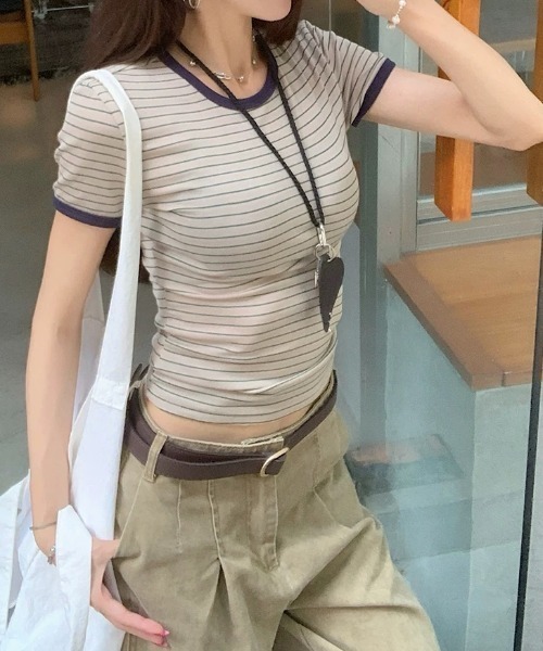 Teem Store(チームストア)の「配色リンガー ボーダーコンパクトTシャツ 体型盛れ(Tシャツ/カットソー・レディース・ホワイト・M/S)」の6枚目の写真