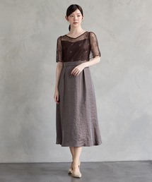 フラワー刺繍チュール×ルミエールサテンフィット&フレアパーティードレス 結婚式 お呼ばれ ドレス 20代 30代