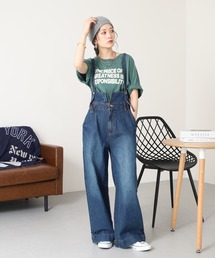 デニムハイウェストサスペンダーワイドパンツ
