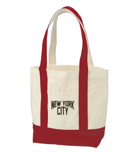 Ol' Basics(オールベーシックス)の「Ol' Basics(オール・ベーシックス) バイカラートートバッグ キャンバス NEW YORK CITY ニューヨーク ロゴ プリント 鞄 BAG アメカジ メンズ レディース ユニセックス(トートバッグ・レディース・レッド・FREE)」の1枚目の写真
