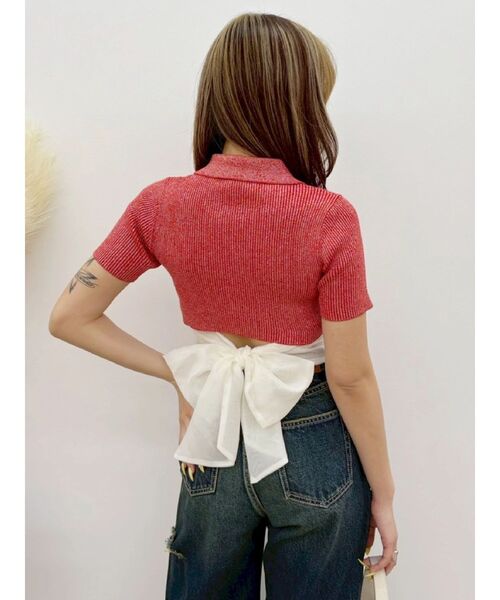 EVRIS(エヴリス)の「ラメZIPバックリボンサマーニットトップス 夏服(ニット/セーター・レディース・ブルー/レッド/ブラック/ホワイト・FREE)」の4枚目の写真