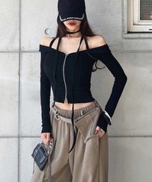 \カッコかわいい♪/オフショル フルジップ ロングスリーブ T