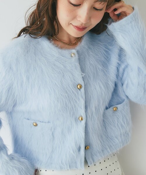 La boutique BonBon(ラブティックボンボン)の「【最強愛されニット】FUR加工ジャケットカーディガン(カーディガン/ボレロ・レディース・ピンク/サックスブルー・FREE)」の2枚目の写真