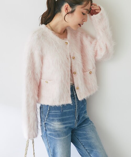 La boutique BonBon(ラブティックボンボン)の「【最強愛されニット】FUR加工ジャケットカーディガン(カーディガン/ボレロ・レディース・ピンク/サックスブルー・FREE)」の11枚目の写真