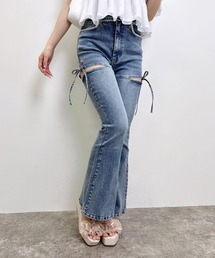 【美脚見え】サイドリボンフレアデニムパンツ