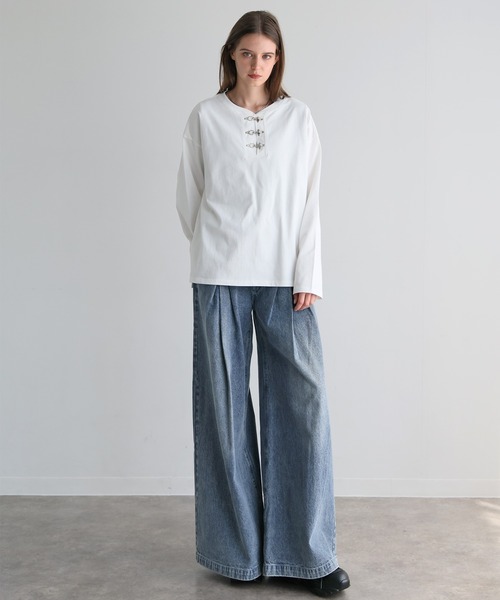 ELLUV(エルブ)の「【ELLUV/エルヴ】ファインコットン ファイヤーマンバックルヘンリーネックロンT(Tシャツ/カットソー・メンズ・ホワイト/ブラック・S/M/L)」の14枚目の写真