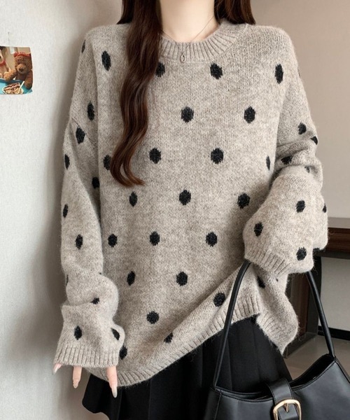 AsheKsha（アシクシャ）の「水玉柄丸首ゆったりニットセーター（ニット/セーター・レディース・グレー/ブラウン・F）」の14枚目の写真