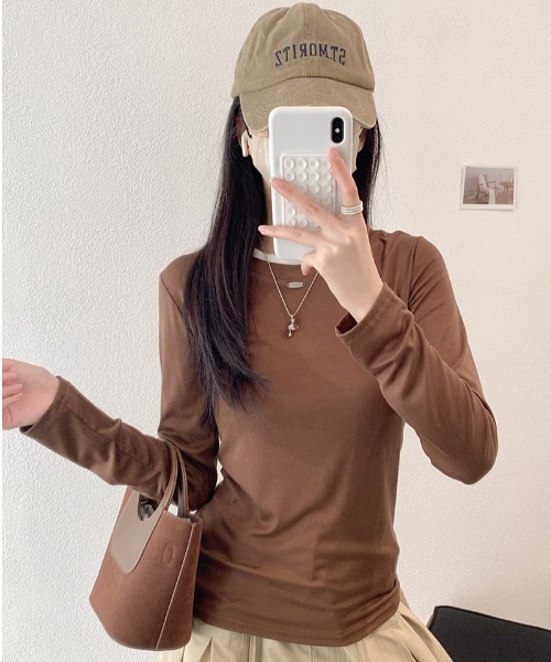 SHEPP(シープ)の「【26年秋冬新作】バイカラー配色リンガー長袖Tシャツ(Tシャツ/カットソー・レディース・ブルー/イエロー/ピンク/レッド/グレー/ブラウン/ブラック/ホワイト・F)」の1枚目の写真