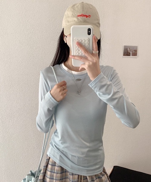 SHEPP(シープ)の「【26年秋冬新作】バイカラー配色リンガー長袖Tシャツ(Tシャツ/カットソー・レディース・ブルー/イエロー/ピンク/レッド/グレー/ブラウン/ブラック/ホワイト・F)」の5枚目の写真