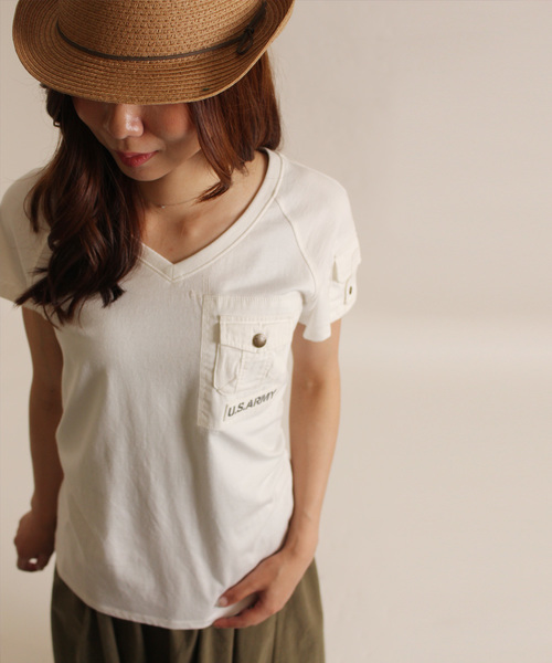 AVIREX（アヴィレックス）の「avirex/ アヴィレックス/ S/S PATCHD POCKET TEE/ パッチド ポケット ティーシャツ（Tシャツ/カットソー・レディース・オフホワイト/ピンク/オリーブ/チャコール・MEDIUM/SMALL/LARGE）」の2枚目の写真
