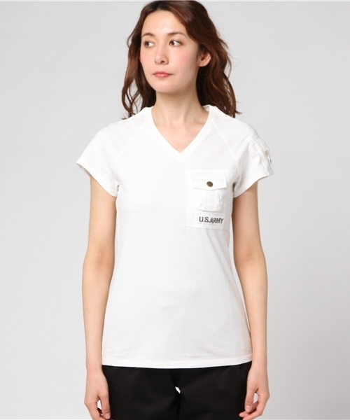 AVIREX（アヴィレックス）の「avirex/ アヴィレックス/ S/S PATCHD POCKET TEE/ パッチド ポケット ティーシャツ（Tシャツ/カットソー・レディース・オフホワイト/ピンク/オリーブ/チャコール・MEDIUM/SMALL/LARGE）」の5枚目の写真