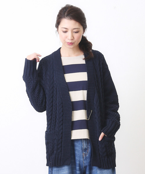 CUBE SUGAR(キューブシュガー)の「ウール混ケーブル柄切替カーディガン(カーディガン/ボレロ・レディース・ナチュラル/トップグレー/マスタード/ネイビー/マルチ・M)」の4枚目の写真