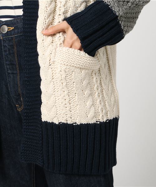 CUBE SUGAR(キューブシュガー)の「ウール混ケーブル柄切替カーディガン(カーディガン/ボレロ・レディース・ナチュラル/トップグレー/マスタード/ネイビー/マルチ・M)」の8枚目の写真