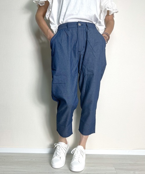 BEATJIVE(ビートジャイブ)の「クロップドパンツ スラックス デニム 薄手 シェフパンツ ワイド テーパード イージーパンツ レディース 夏 接触冷感(デニムパンツ・レディース・インディゴブルー/サックスブルー/ブラック/ライトブラック・2/3)」の19枚目の写真