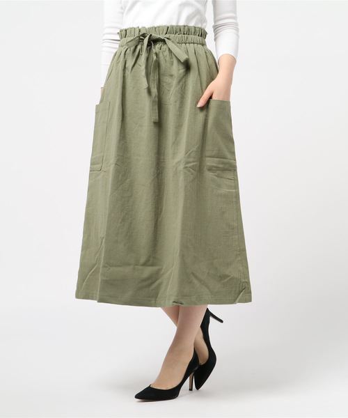 STYLEBLOCK(スタイルブロック)の「コットンボイルドロストウエストリボンロングスカート(スカート・レディース・カーキ/イエロー/ライトベージュ/ネイビー・M)」の3枚目の写真