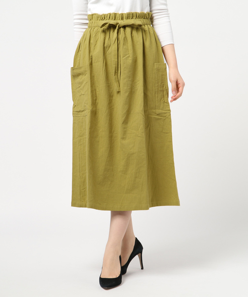 STYLEBLOCK(スタイルブロック)の「コットンボイルドロストウエストリボンロングスカート(スカート・レディース・カーキ/イエロー/ライトベージュ/ネイビー・M)」の1枚目の写真