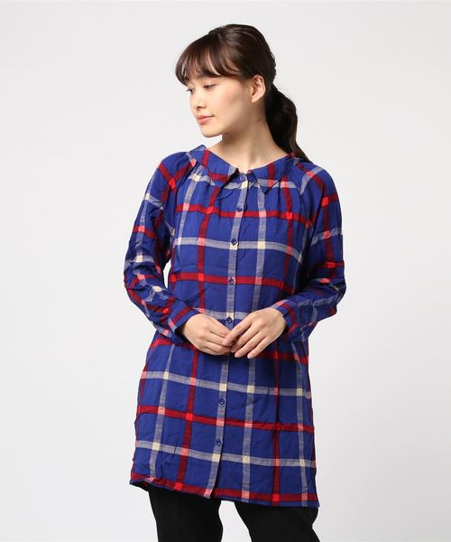 おしゃれスタ(オシャレスタ)の「配色格子柄 ドレープカラーチュニック(LC)(チュニック・レディース・ブラック/ネイビー/イエロー/ブルー・FREE)」の11枚目の写真