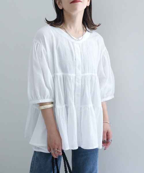 ap retro(アプレトロ)の「ティアードバンドカラーチュニック【ZOZO限定アイテム】(シャツ/ブラウス・レディース・アイボリー/ブラック/ミント/ブルー/オフホワイト・FREE)」の6枚目の写真