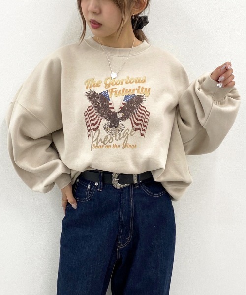 apres jour mignon(アプレジュールミニョン)の「アソートプリント袖ボリュームスウェット【ZOZOTOWN限定アイテム】(スウェット・レディース・ベージュ/その他/ブラウン系その他/グレイッシュベージュ/パープル/クリーム/ダークブルー/ダークブラウン/アイボリー/ブラック系その他/ライトベージュ/ブラック/カーキ/モカ/パープル系その他/ブルー系その他・フリー/X-LARGE)」の10枚目の写真