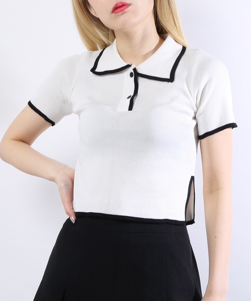 WC（ダブル シー）の「配色ポロ半袖トップス（Tシャツ/カットソー・レディース・ホワイト/ブラック/グリーン・FREE）」の2枚目の写真