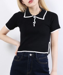 配色ポロ半袖トップス