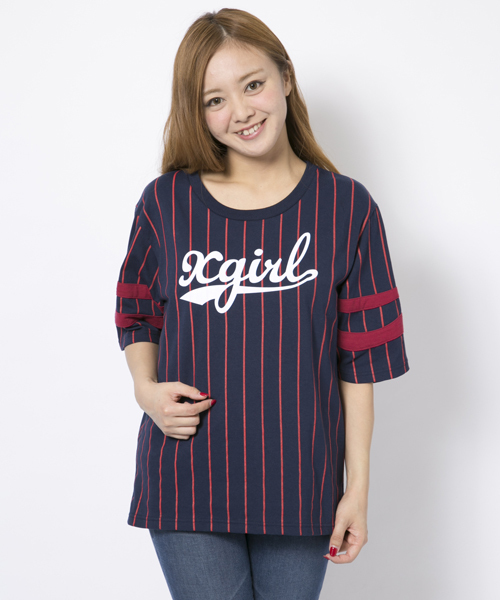 X-girl（エックスガール）の「STRIPE NUMBER TOP（Tシャツ/カットソー・レディース・ホワイト/ブラック/アッシュ/ネイビー・2/1）」の4枚目の写真