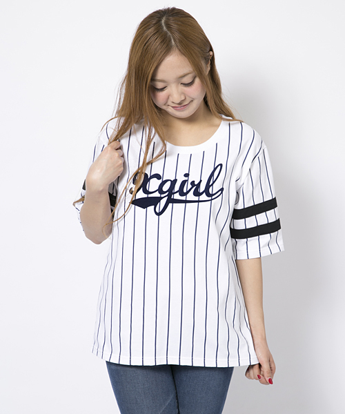 X-girl（エックスガール）の「STRIPE NUMBER TOP（Tシャツ/カットソー・レディース・ホワイト/ブラック/アッシュ/ネイビー・2/1）」の2枚目の写真