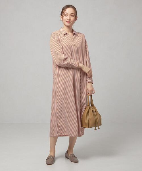 closet story(クローゼットストーリー)の「<closet story(クローゼットストーリー)>ストライプ ベルト シャツワンピース -ウォッシャブル-(ワンピース・レディース・ブラック/ベージュ/オレンジ系その他・FREE)」の1枚目の写真