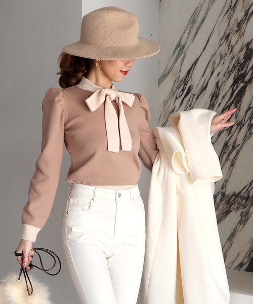 ROYAL PARTY（ロイヤルパーティー）の「配色リボンニットトップス（ニット/セーター・レディース・ブラック/ベージュ/モカ・FREE）」の3枚目の写真