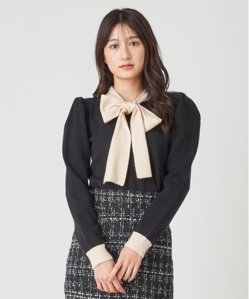 ROYAL PARTY（ロイヤルパーティー）の「配色リボンニットトップス（ニット/セーター・レディース・ブラック/ベージュ/モカ・FREE）」の7枚目の写真