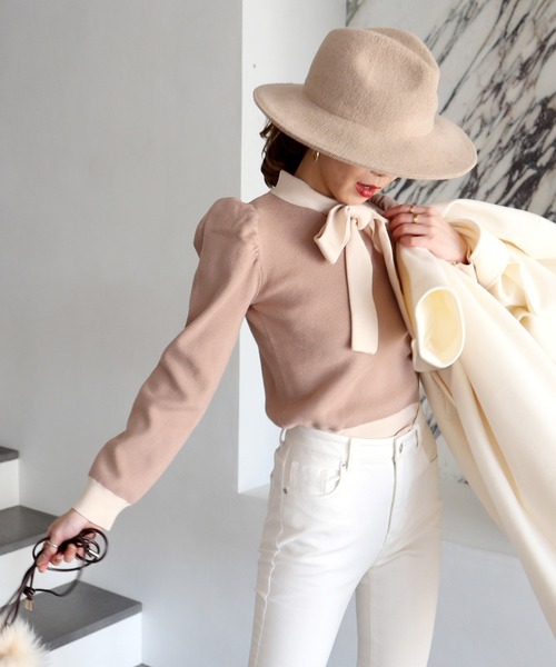 ROYAL PARTY（ロイヤルパーティー）の「配色リボンニットトップス（ニット/セーター・レディース・ブラック/ベージュ/モカ・FREE）」の4枚目の写真