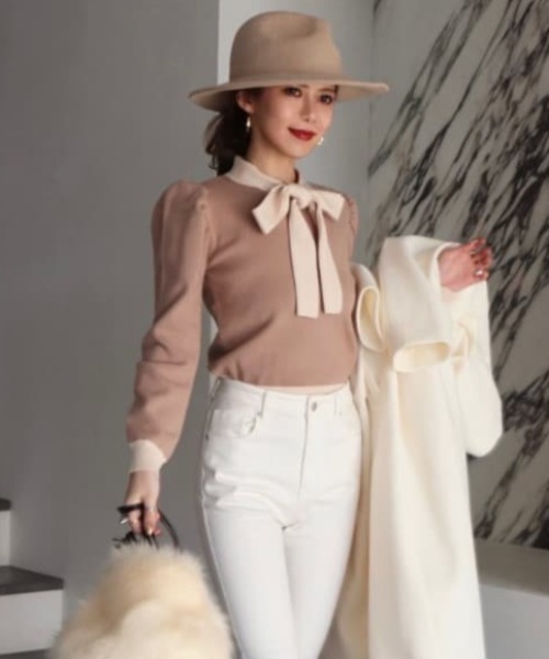 ROYAL PARTY（ロイヤルパーティー）の「配色リボンニットトップス（ニット/セーター・レディース・ブラック/ベージュ/モカ・FREE）」の13枚目の写真