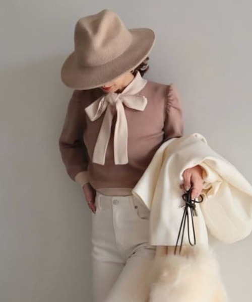 ROYAL PARTY（ロイヤルパーティー）の「配色リボンニットトップス（ニット/セーター・レディース・ブラック/ベージュ/モカ・FREE）」の14枚目の写真