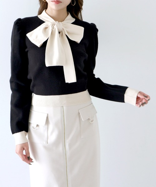 ROYAL PARTY（ロイヤルパーティー）の「配色リボンニットトップス（ニット/セーター・レディース・ブラック/ベージュ/モカ・FREE）」の20枚目の写真