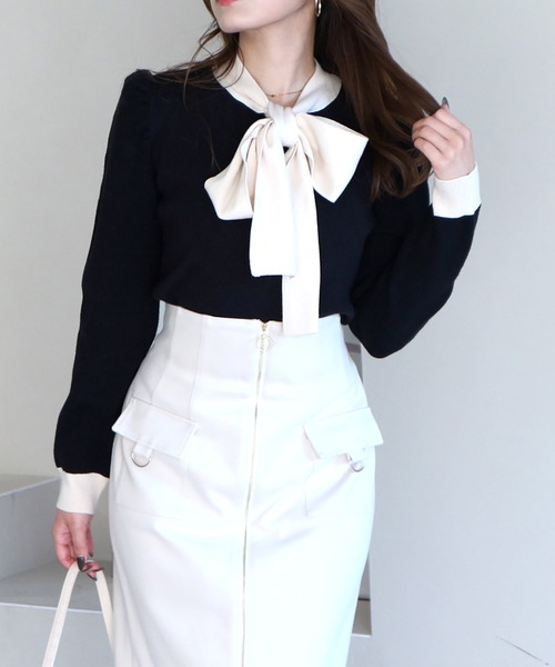 ROYAL PARTY（ロイヤルパーティー）の「配色リボンニットトップス（ニット/セーター・レディース・ブラック/ベージュ/モカ・FREE）」の21枚目の写真