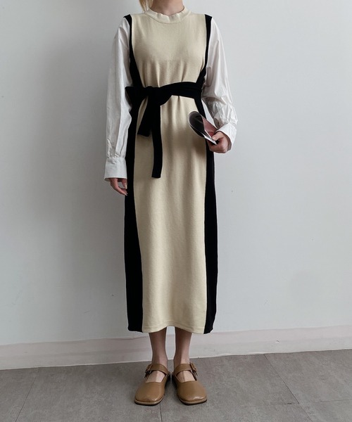 MAISON DE THERESE（メゾン ド テレーズ）の「フェイクレイヤード　配色ニットロングワンピース（ワンピース・レディース・ブラック/ベージュ・MEDIUM）」の19枚目の写真