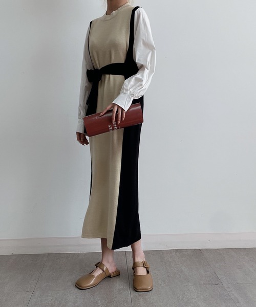 MAISON DE THERESE（メゾン ド テレーズ）の「フェイクレイヤード　配色ニットロングワンピース（ワンピース・レディース・ブラック/ベージュ・MEDIUM）」の21枚目の写真