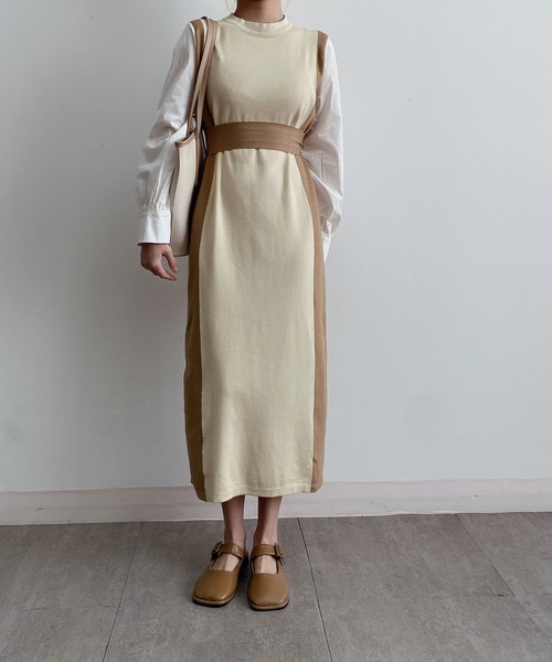MAISON DE THERESE（メゾン ド テレーズ）の「フェイクレイヤード　配色ニットロングワンピース（ワンピース・レディース・ブラック/ベージュ・MEDIUM）」の3枚目の写真