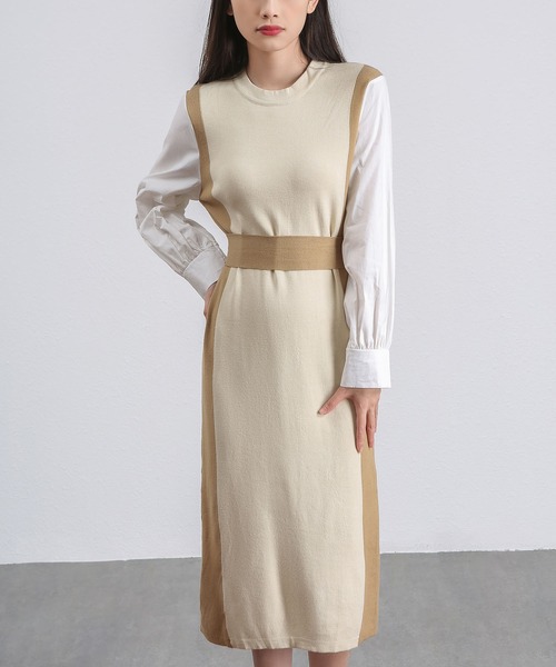 MAISON DE THERESE（メゾン ド テレーズ）の「フェイクレイヤード　配色ニットロングワンピース（ワンピース・レディース・ブラック/ベージュ・MEDIUM）」の11枚目の写真