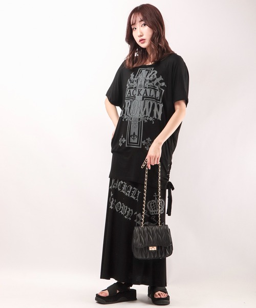BLACK JACKALL CROWN(ブラックジャッカルクラウン)の「BLACK JACKALL CROWN レーヨン天竺 ロゴプリント ロングスカート(スカート・レディース・ブラック・M)」の13枚目の写真